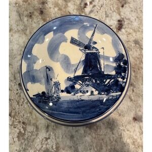 Delfts Blue Handpainted Windmill Ceramic Trinket Box Lidded Jar Made in Holland